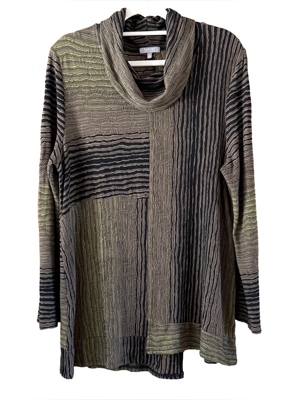Habitat Cowl Neck Tunic Top Textured Olive Green Black Asymmetrical Hem Womens L